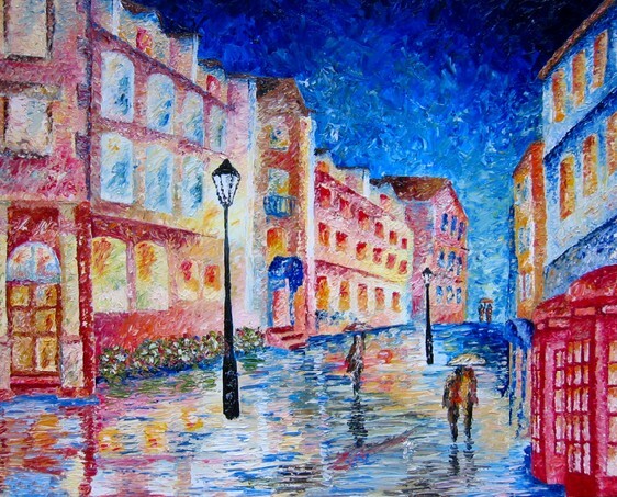 Painting of night city street with people, rain umbrellas and light - London